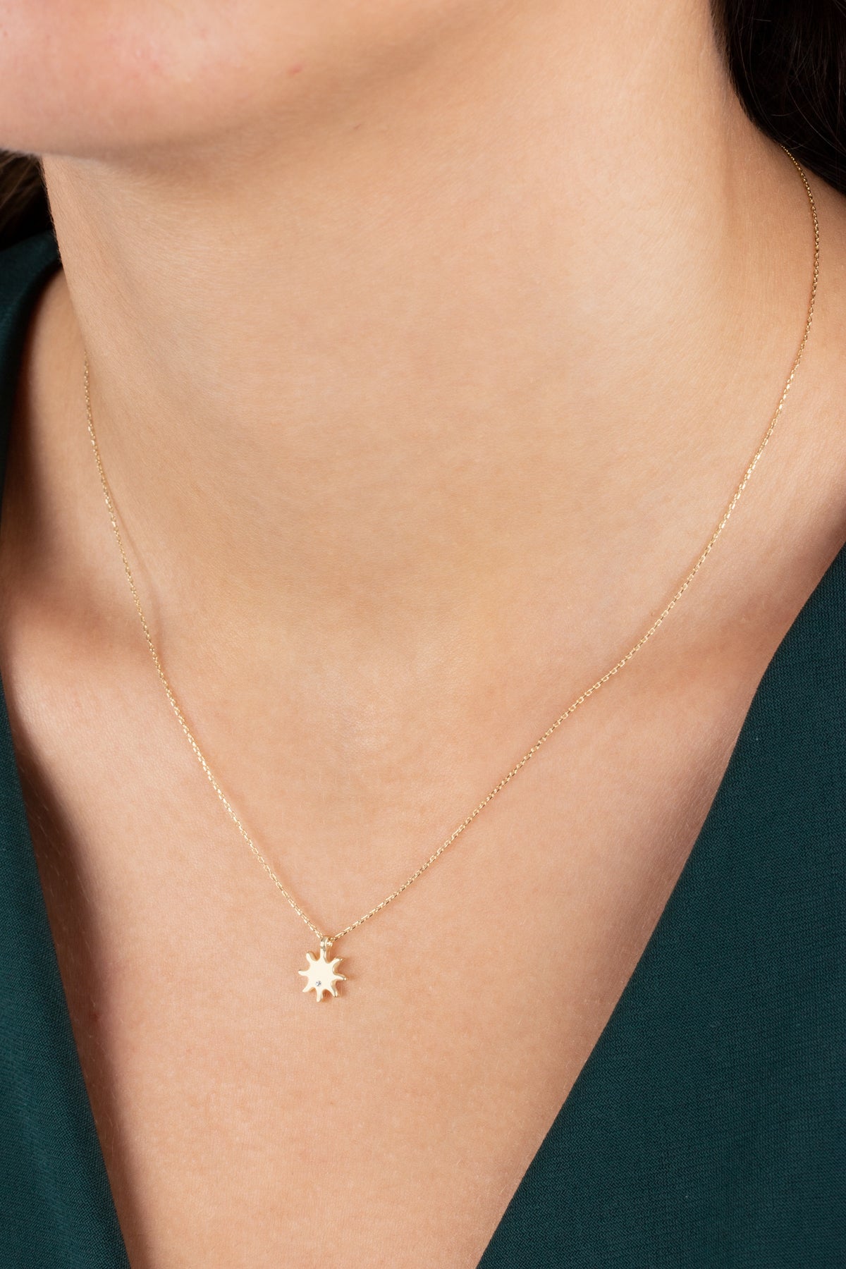 Sun Necklace with Real Diamond | 14K Solid Gold Pendant