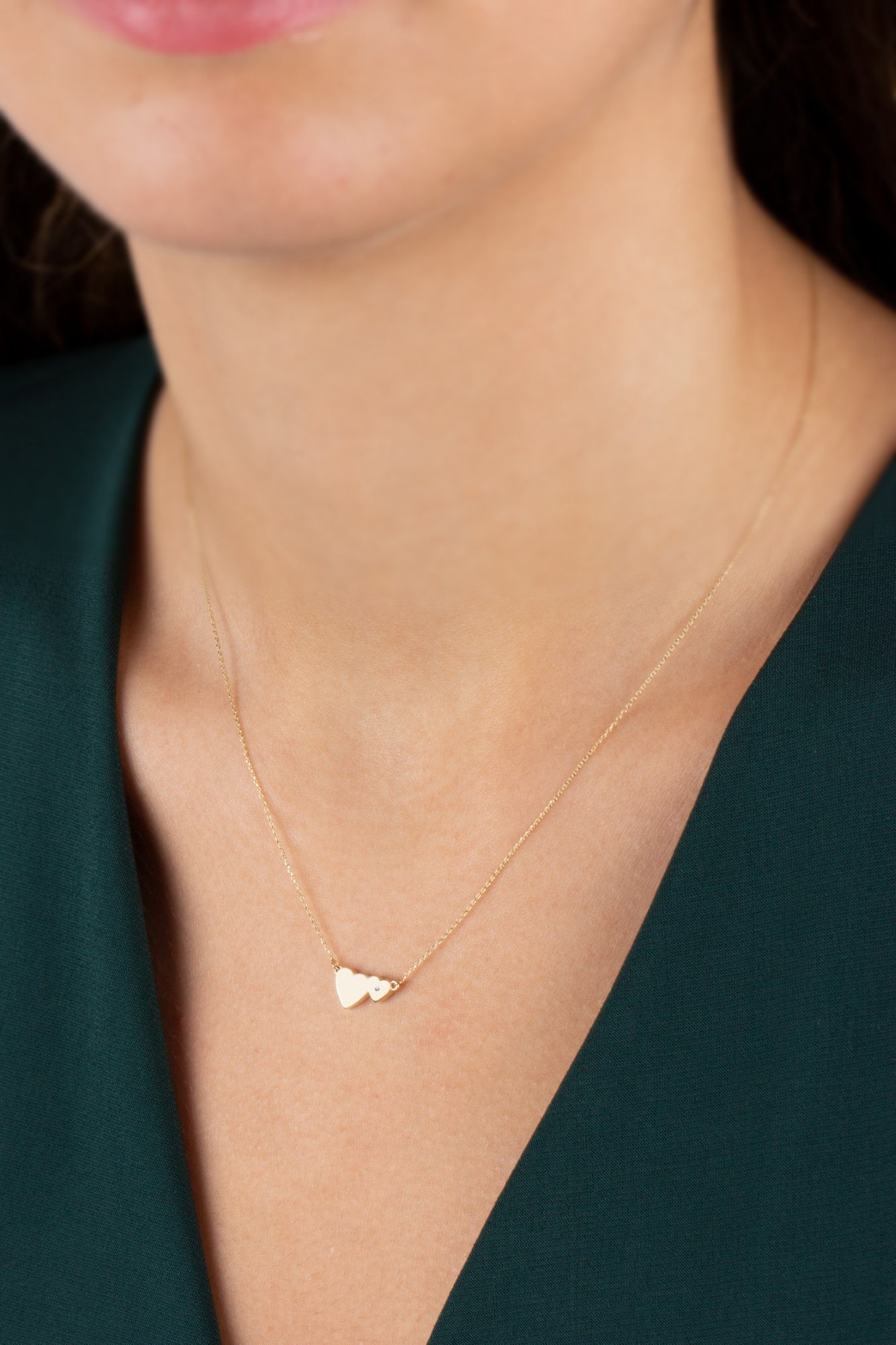 Double Heart Necklace with Real Diamond | 14K Solid Gold