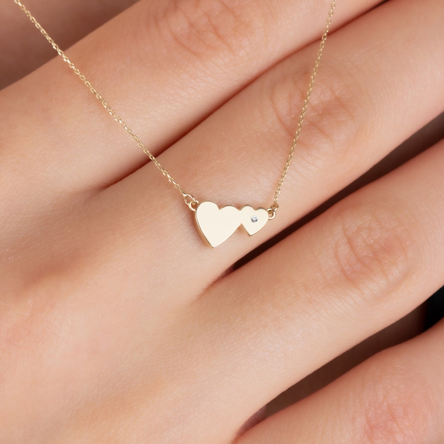 Double Heart Necklace with Real Diamond | 14K Solid Gold