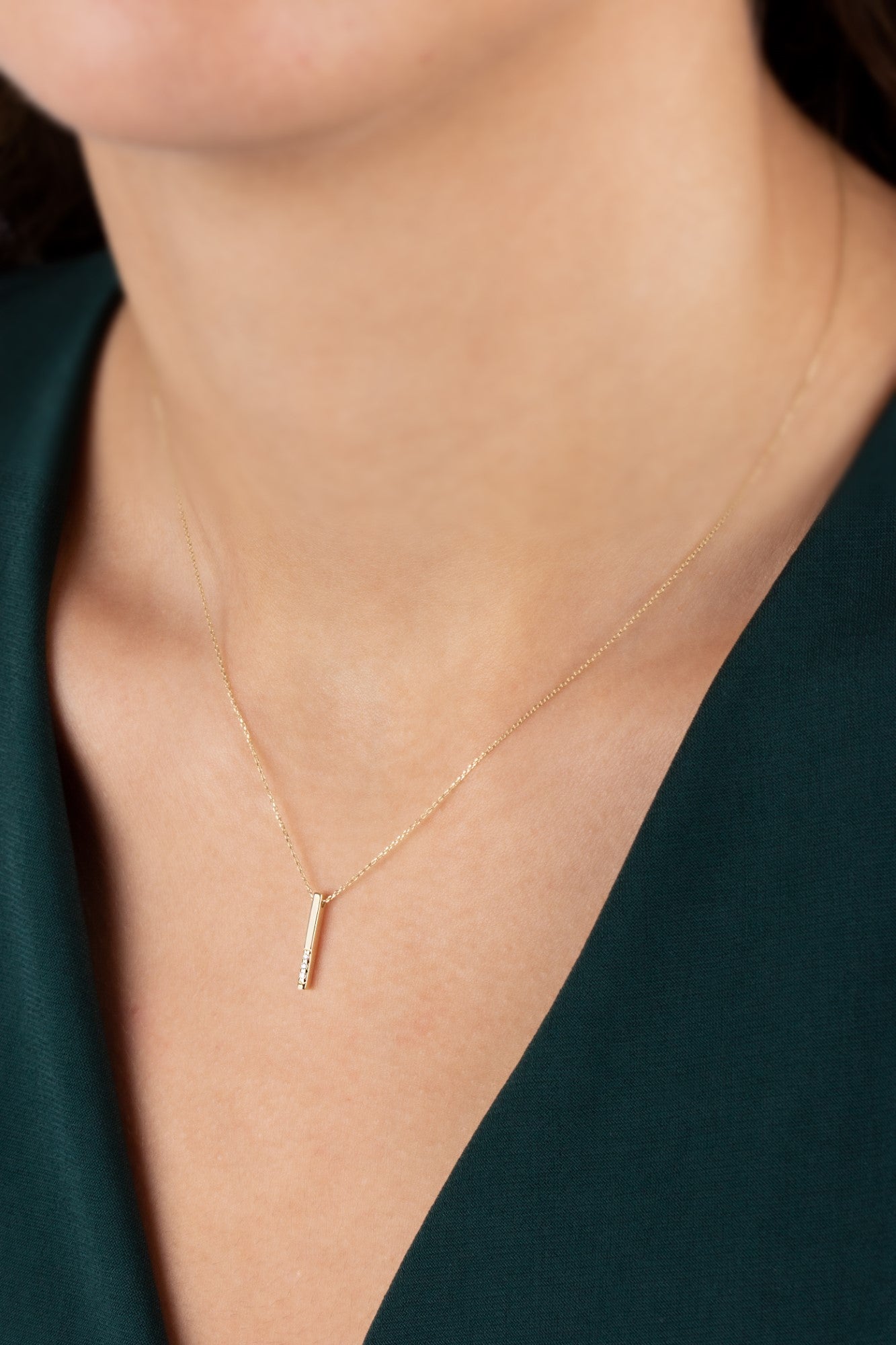 Vertical Bar Necklace with Real Diamonds | 14K Solid Gold Pendant