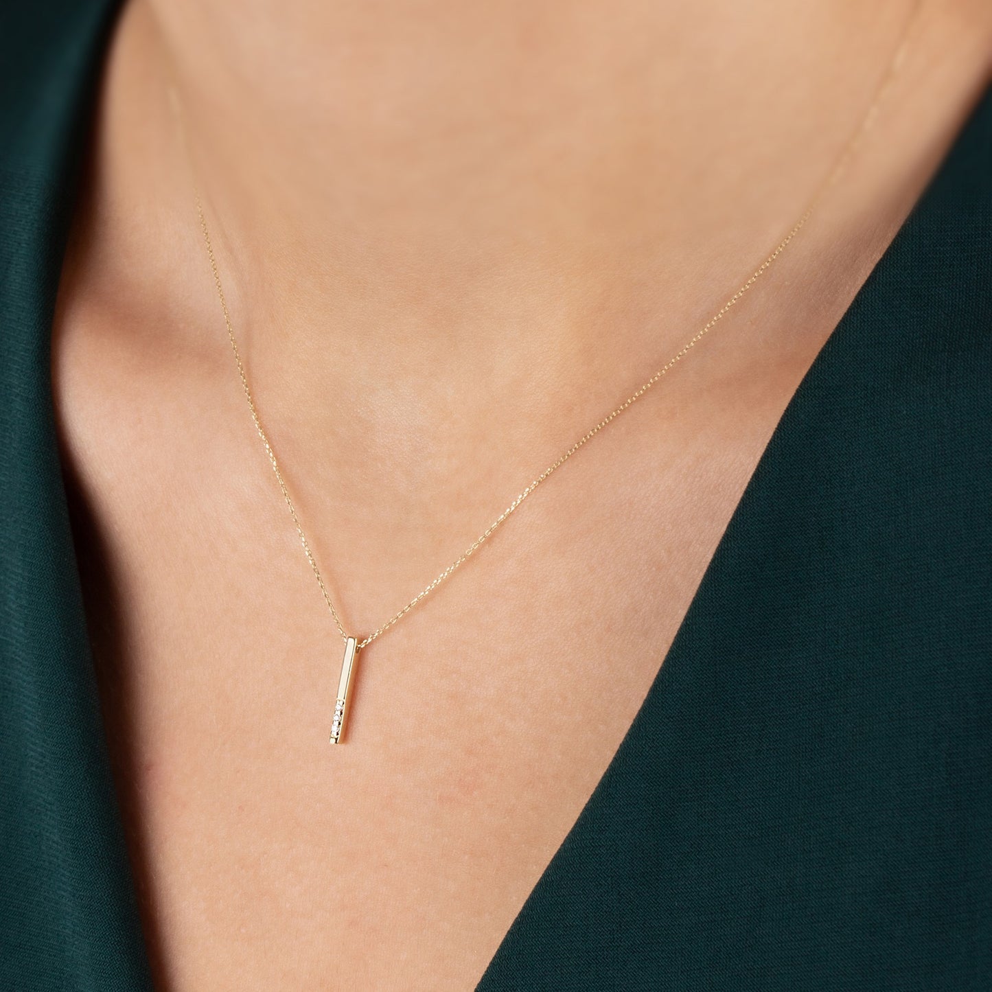 Vertical Bar Necklace with Real Diamonds | 14K Solid Gold Pendant