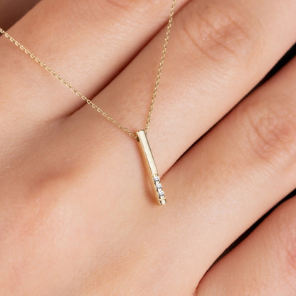 Vertical Bar Necklace with Real Diamonds | 14K Solid Gold Pendant