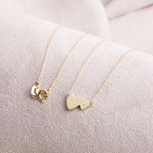 Double Heart Necklace with Real Diamond | 14K Solid Gold