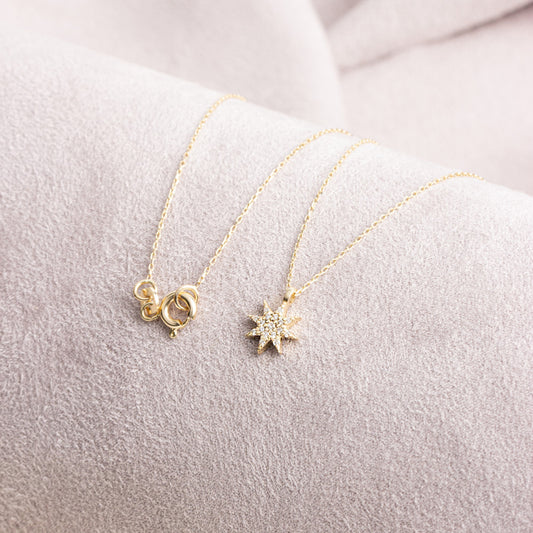 Star Necklace with Real Diamond | 14K Solid Gold