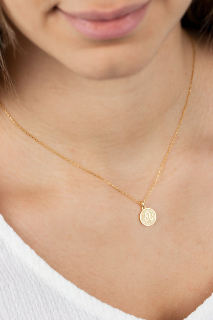 Leo Zodiac Sign 14K Solid Gold Necklace, Minimalist Horoscope Symbol Pendant