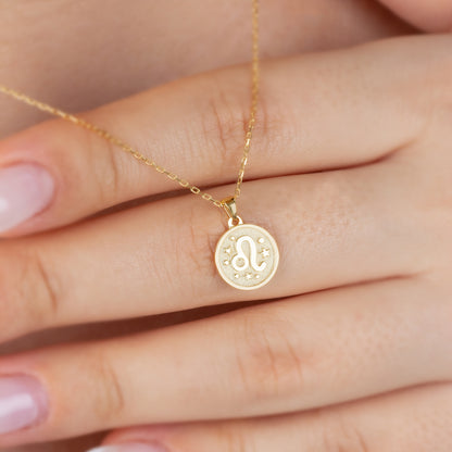 Leo Zodiac Sign 14K Solid Gold Necklace, Minimalist Horoscope Symbol Pendant