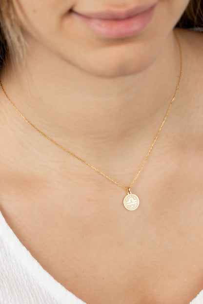 Libra Zodiac Sign 14K Solid Gold Necklace, Minimalist Horoscope Symbol Pendant