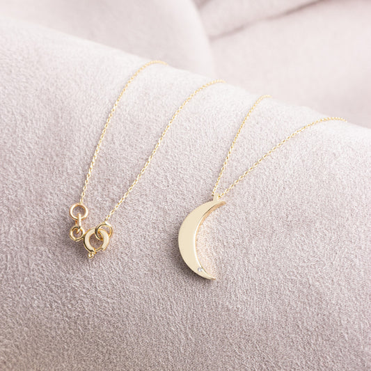 Moon Necklace with Real Diamond | 14K Solid Gold Pendant