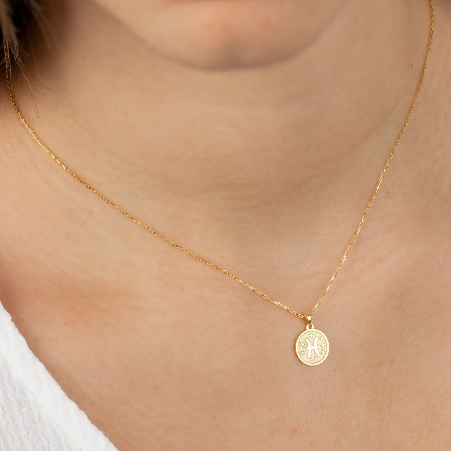 Pisces Zodiac Sign 14K Solid Gold Necklace, Minimalist Horoscope Symbol Pendant