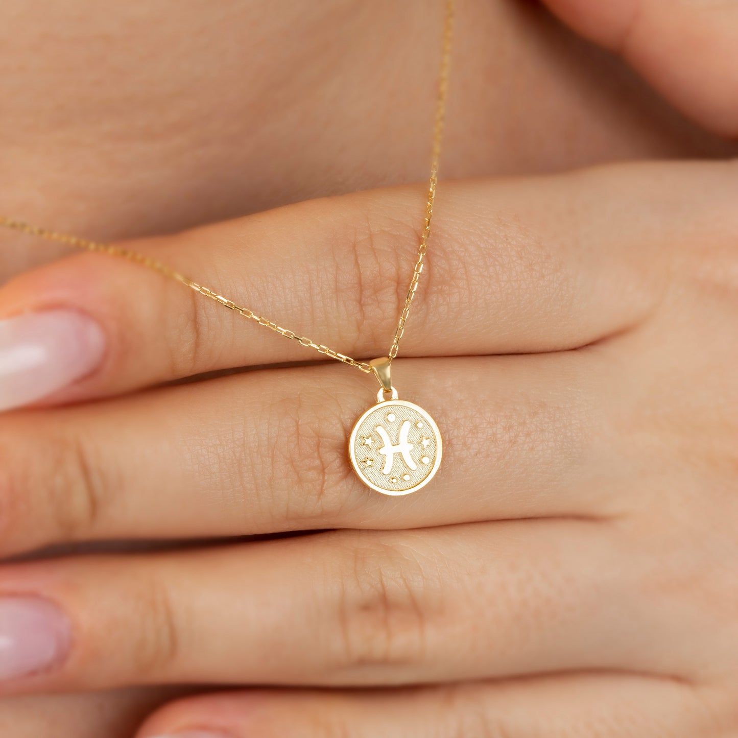 Pisces Zodiac Sign 14K Solid Gold Necklace, Minimalist Horoscope Symbol Pendant