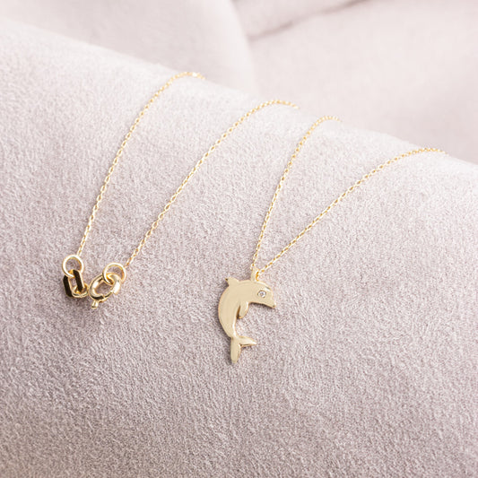 Dolphin Necklace with Real Diamond | 14K Solid Gold