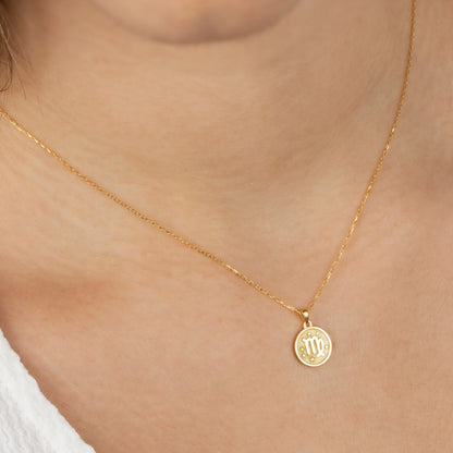 Virgo Zodiac Sign 14K Solid Gold Necklace, Minimalist Horoscope Symbol Pendant