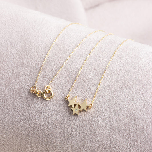 Three Stars Necklace with Real Diamond | 14K Solid Gold