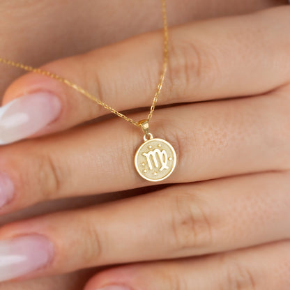 Virgo Zodiac Sign 14K Solid Gold Necklace, Minimalist Horoscope Symbol Pendant