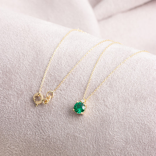 Emerald Round Necklace with Real Diamond | 14K Solid Gold