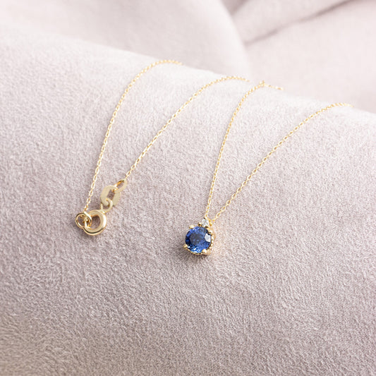 Round Sapphire Necklace with Real Diamond | 14K Solid Gold