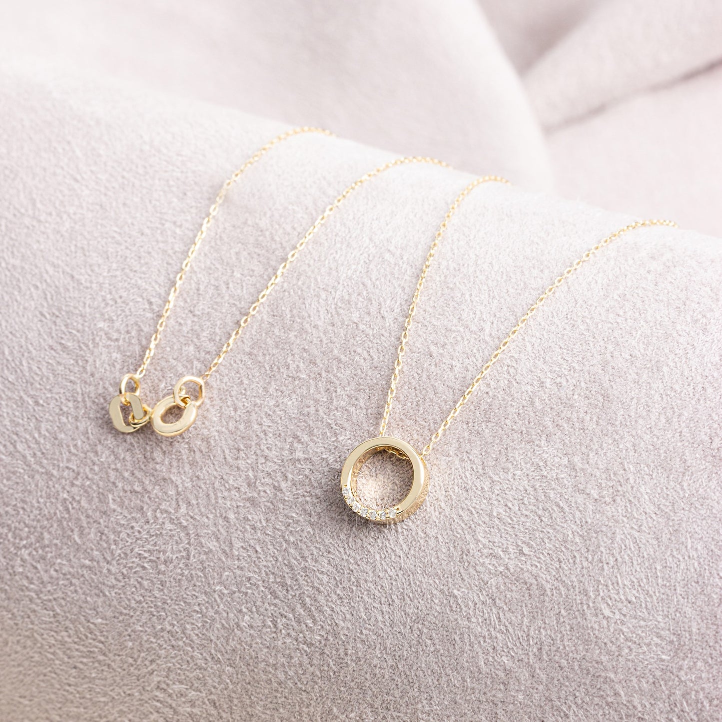 Hollow Circle Necklace with Real Diamonds | 14K Solid Gold