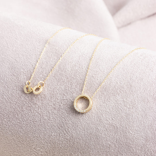 Hollow Circle Necklace with Real Diamonds | 14K Solid Gold