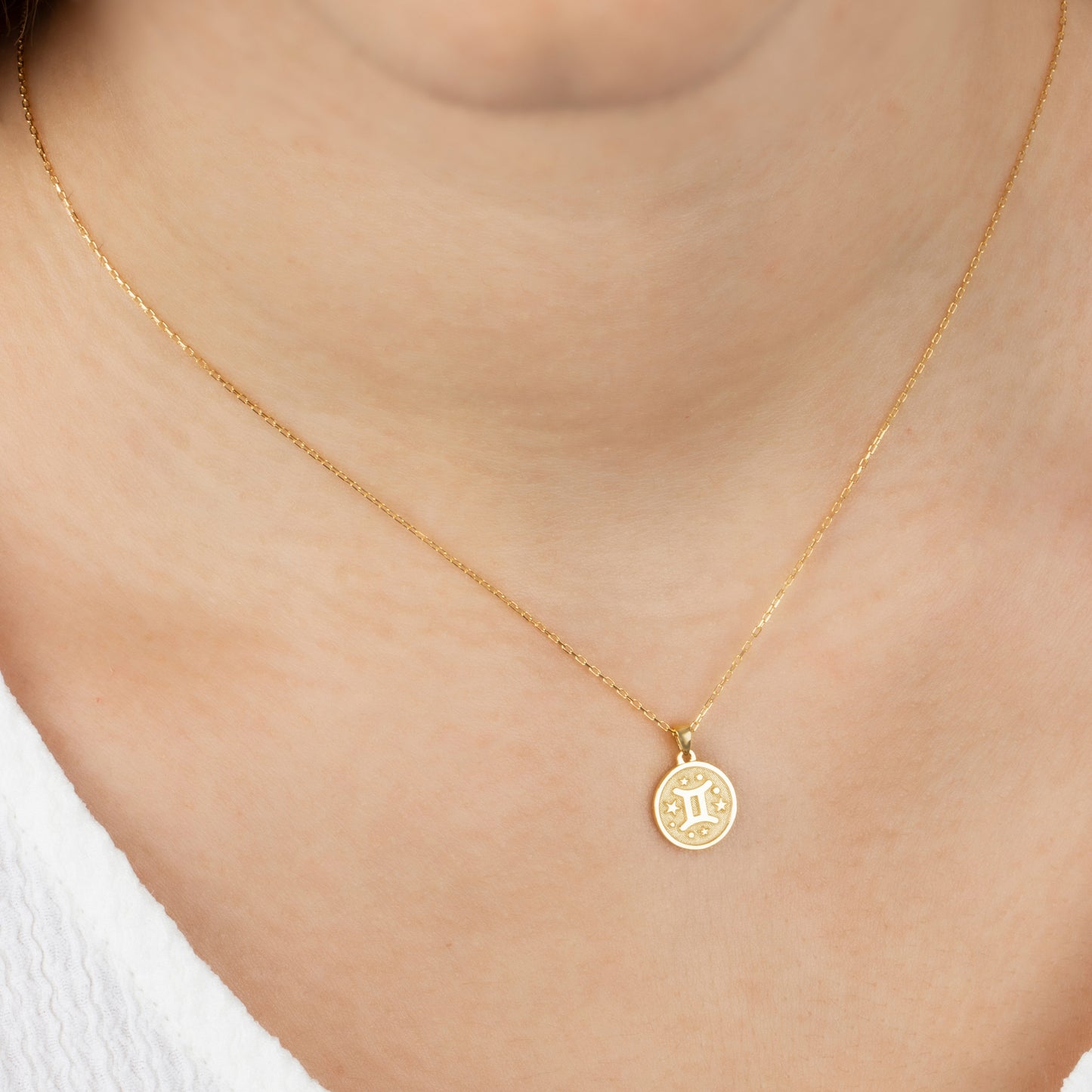 Gemini Zodiac Sign 14K Solid Gold Necklace, Minimalist Horoscope Symbol Pendant