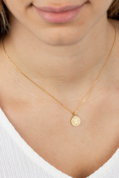 Gemini Zodiac Sign 14K Solid Gold Necklace, Minimalist Horoscope Symbol Pendant