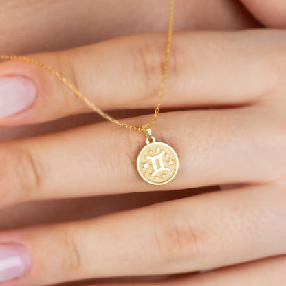 Gemini Zodiac Sign 14K Solid Gold Necklace, Minimalist Horoscope Symbol Pendant