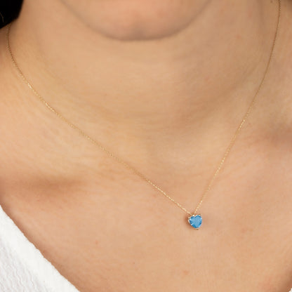 Blue Topaz Heart Necklace 14K Solid Gold, December Birthstone