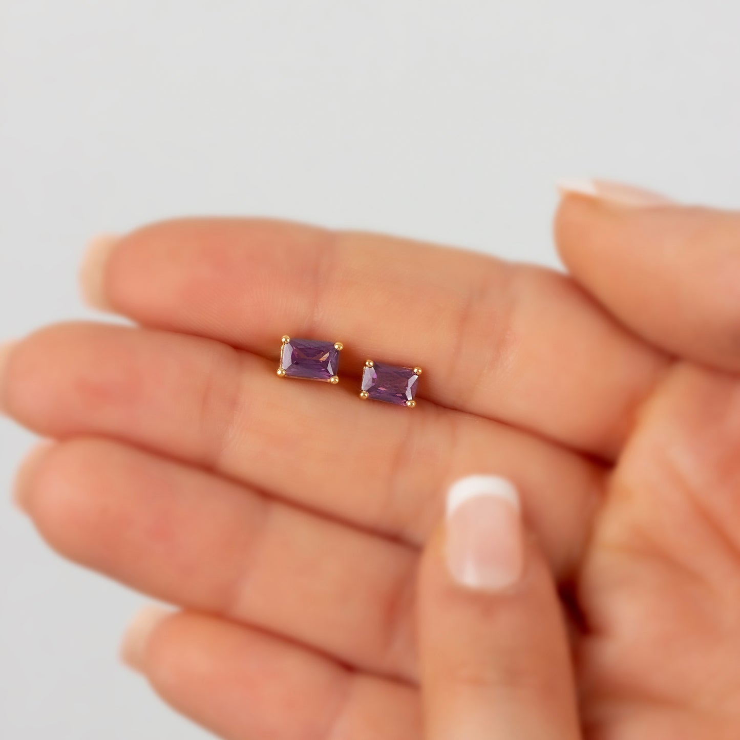 Amethyst Rectangle Stud Earring in 14K Solid Gold, February Birthstone