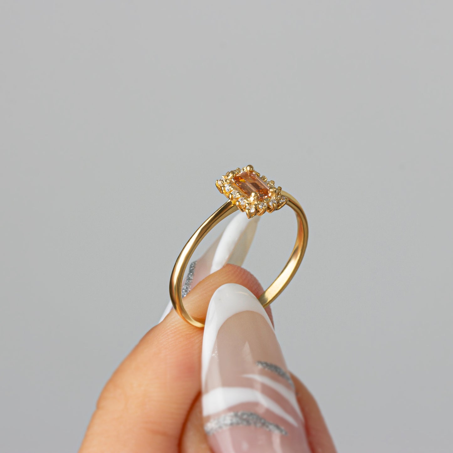 Citrine Rectangle Ring with Real Diamonds, 14K Solid Gold