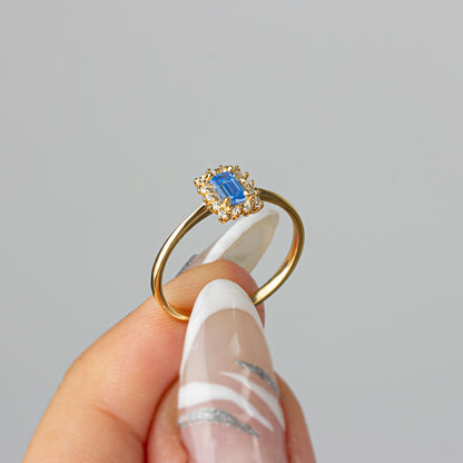 Blue Topaz Rectangle Ring with Real Diamonds, 14K Solid Gold