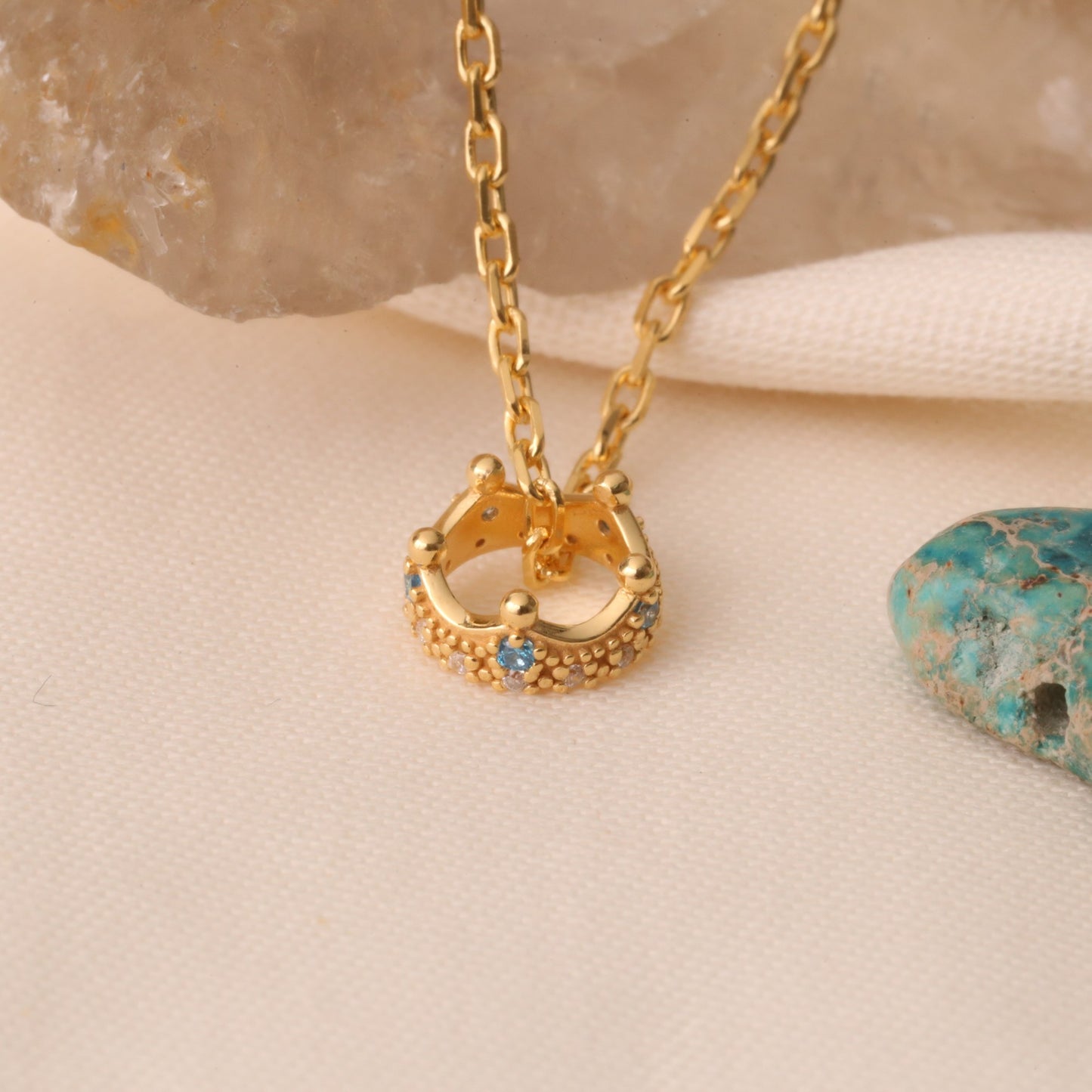 Crown Blue Topaz Necklace in 14K Solid Gold with Real Diamonds | December Birthstone