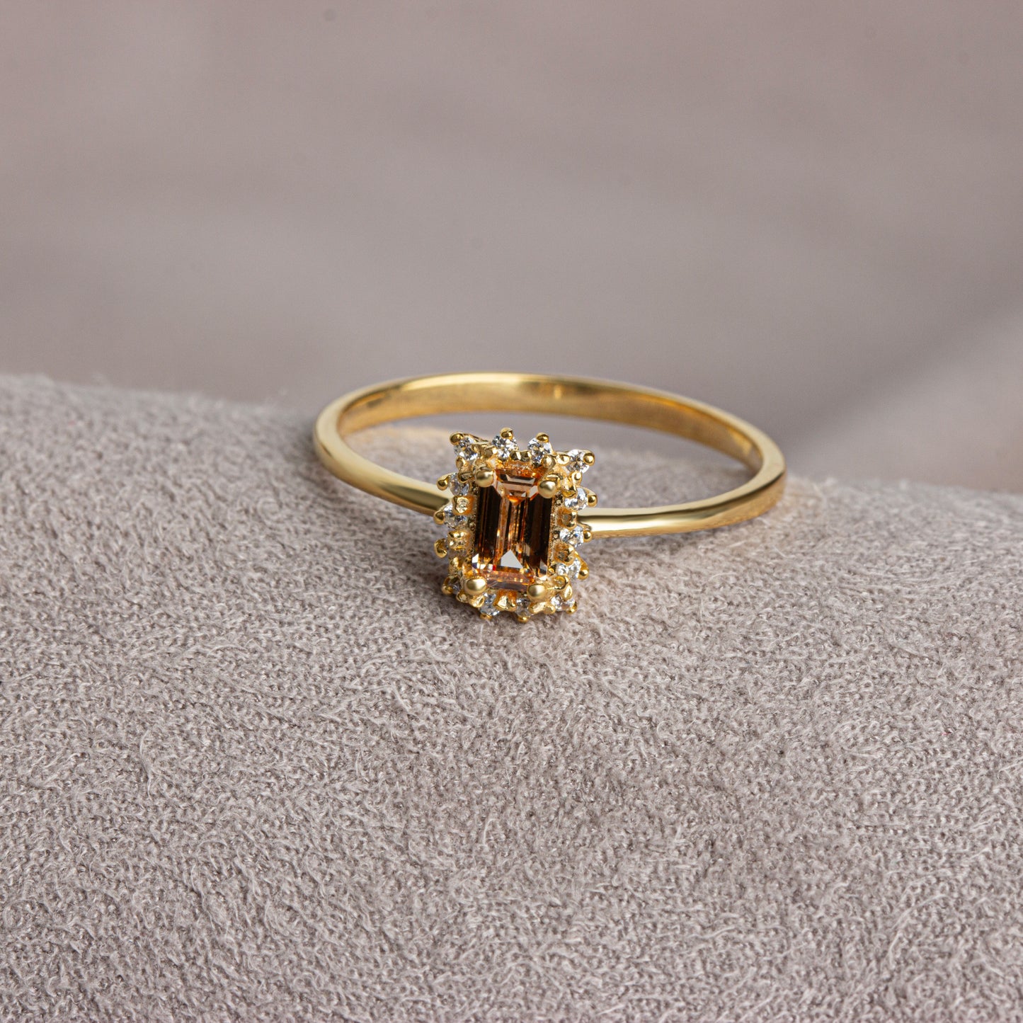 Citrine Rectangle Ring with Real Diamonds, 14K Solid Gold