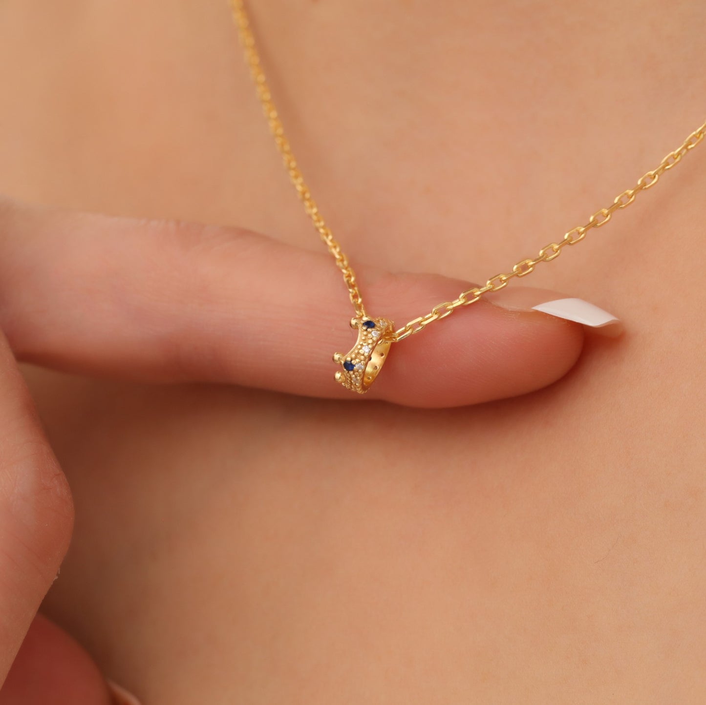 Crown Sapphire Necklace in 14K Solid Gold with Real Diamonds | September Birthstone