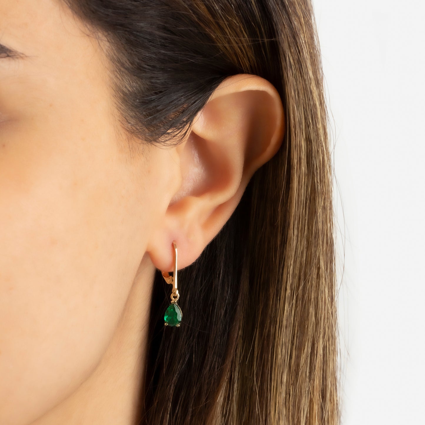 Dangle Drop Emerald Earring 14K Solid Gold, May Birthstone