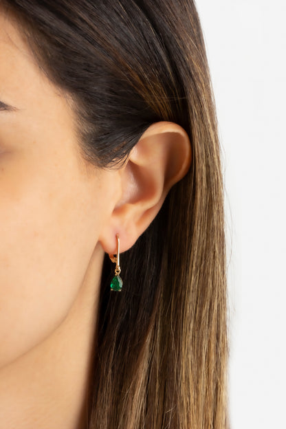 Dangle Drop Emerald Earring 14K Solid Gold, May Birthstone