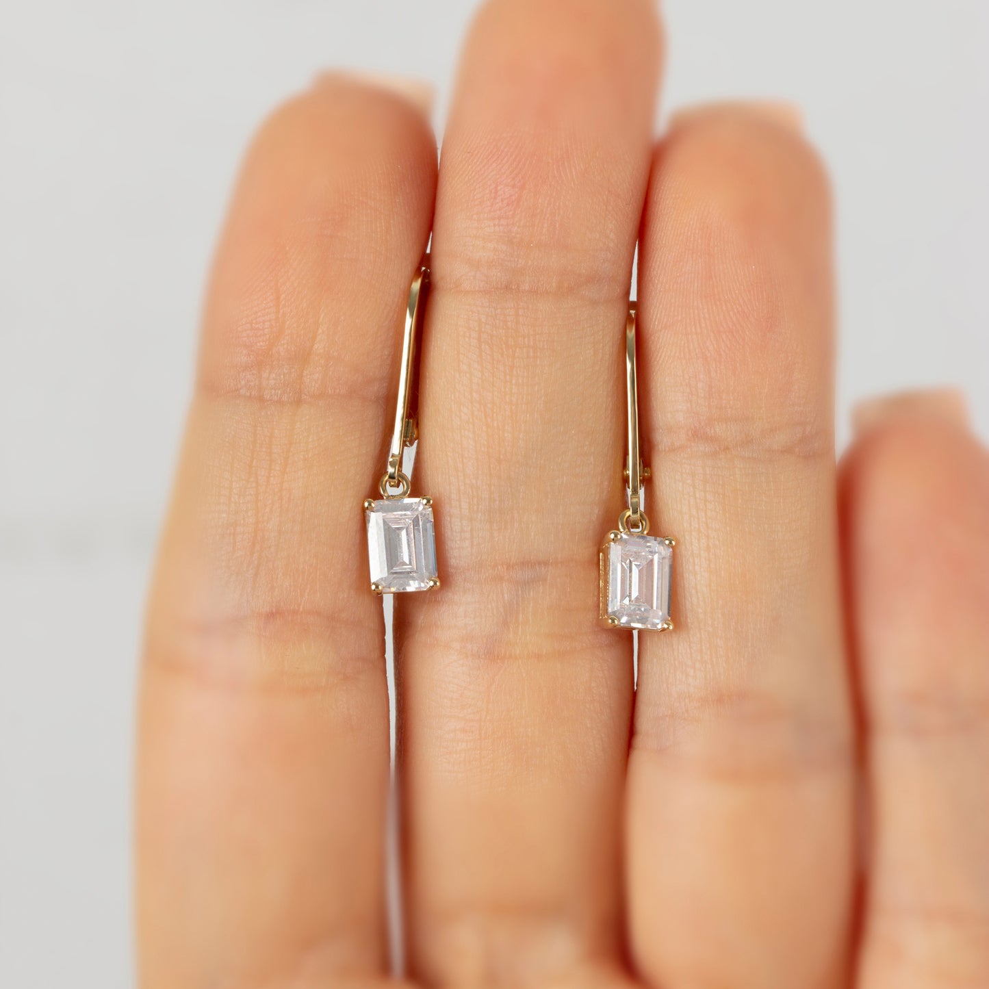 Dangle Rectangle White Topaz Earring 14K Solid Gold, April Birthstone