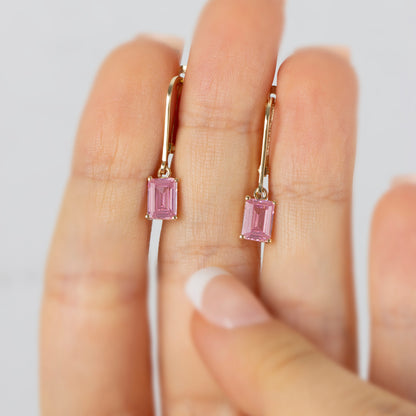 Dangle Rectangle Pink Tourmaline Earring 14K Solid Gold, October Birthstone