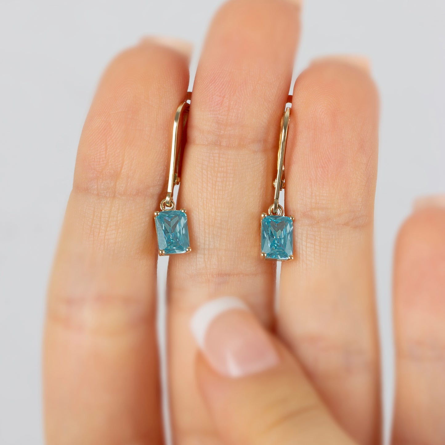 Dangle Rectangle Aquamarine Earring 14K Solid Gold, March Birthstone