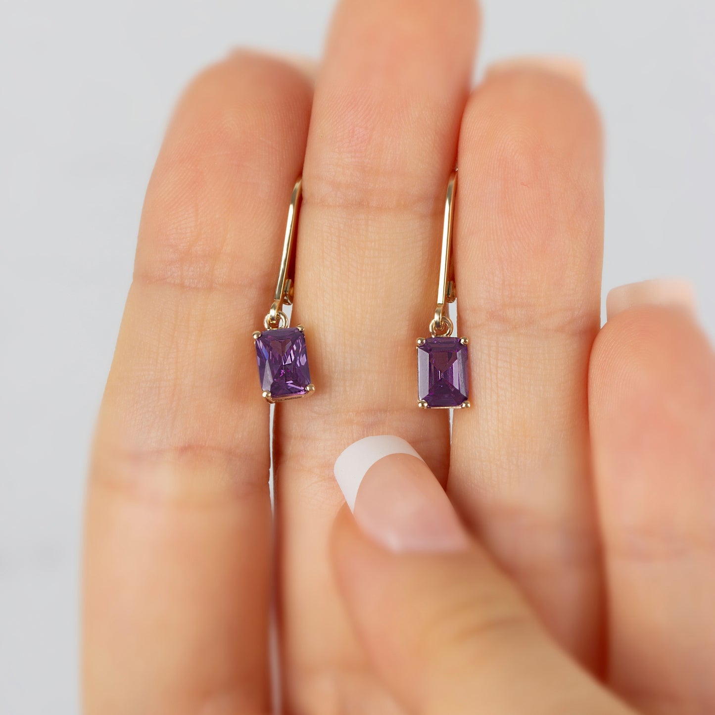 Dangle Rectangle Amethyst Earring 14K Solid Gold, February Birthstone