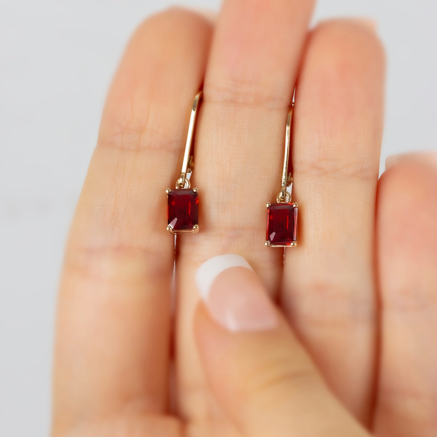 Dangle Rectangle Ruby Earring 14K Solid Gold, July Birthstone