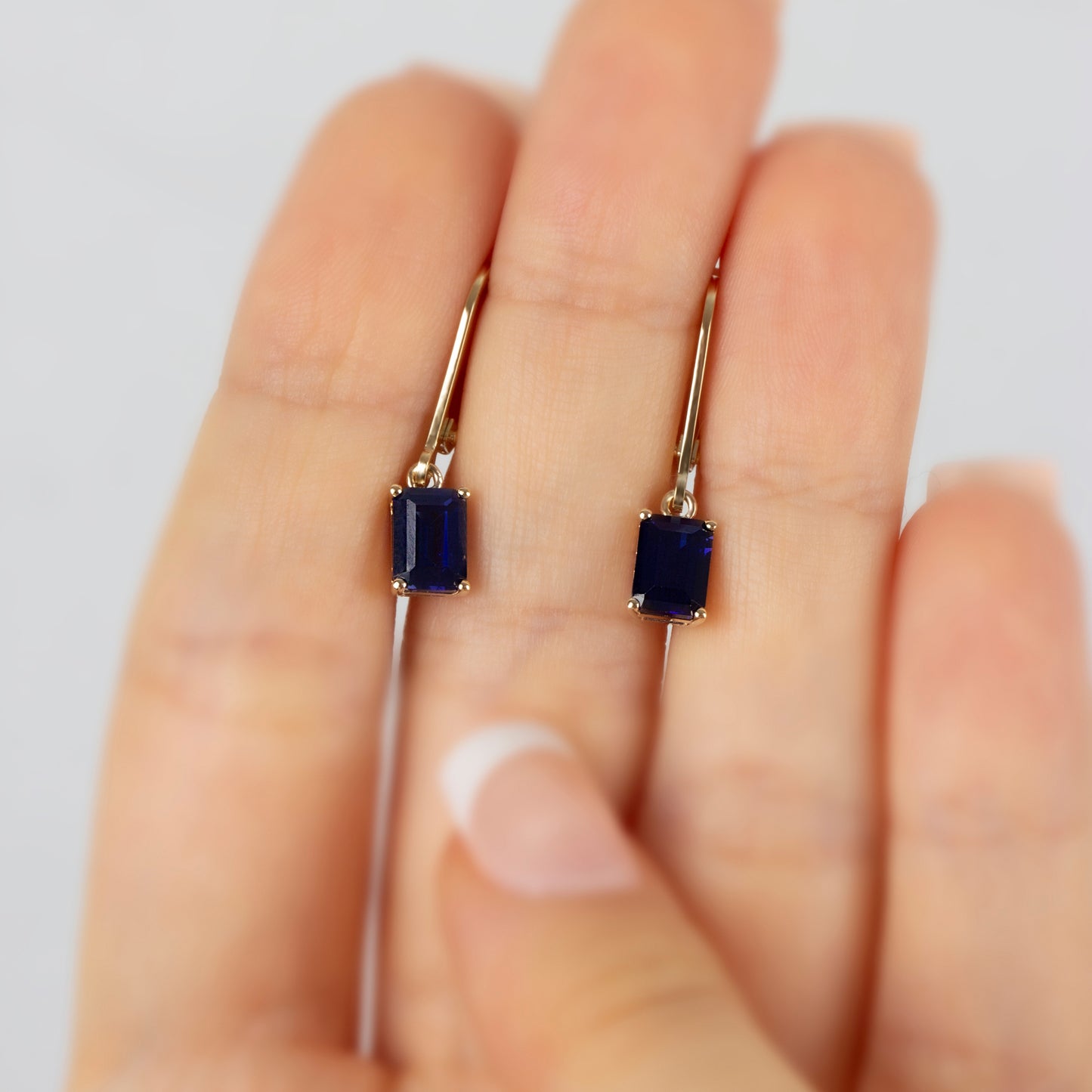 Dangle Rectangle Sapphire Earring 14K Solid Gold, September Birthstone