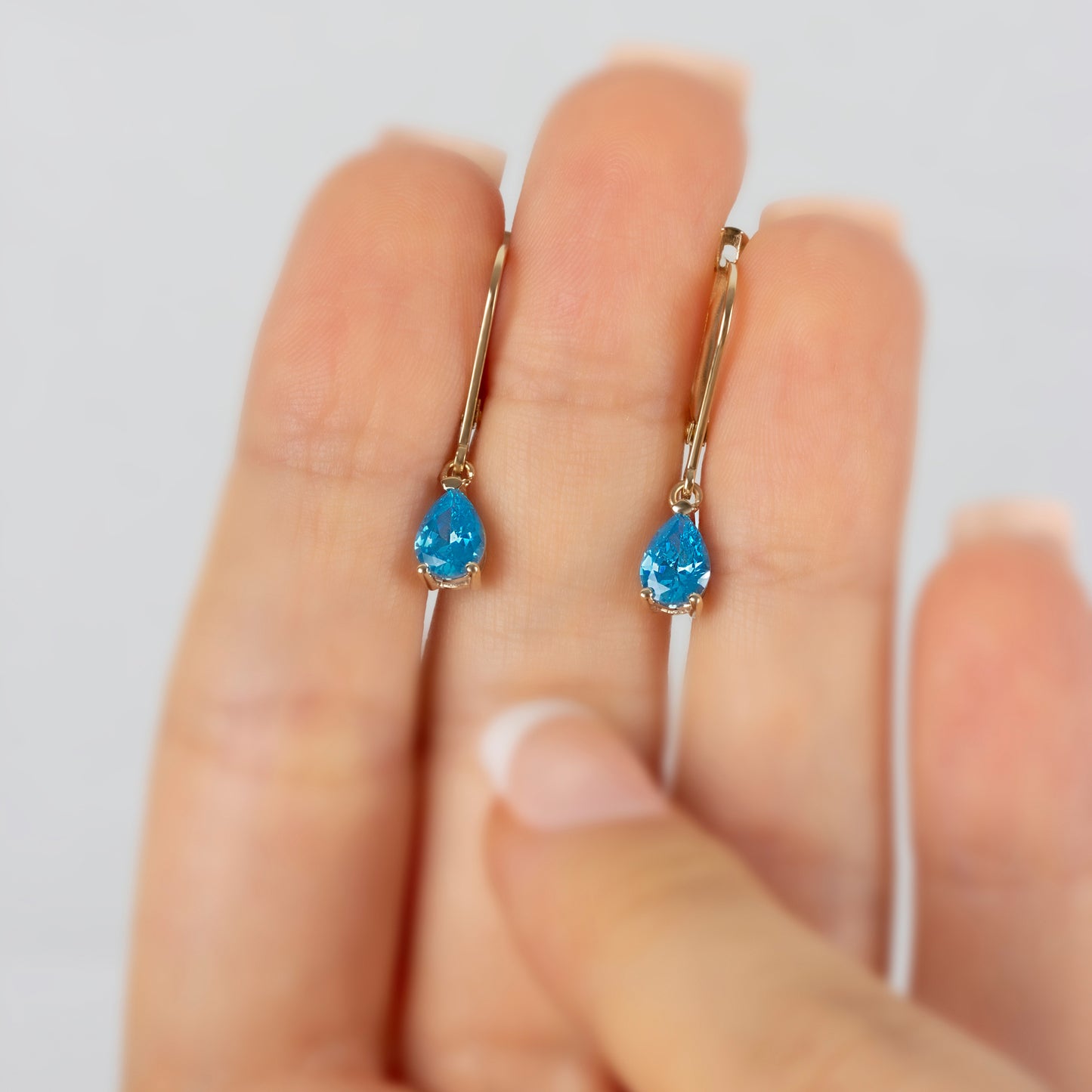 Dangle Drop Blue Topaz Earring 14K Solid Gold, December Birthstone