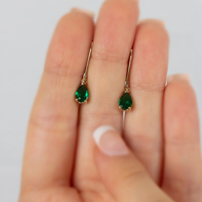 Dangle Drop Emerald Earring 14K Solid Gold, May Birthstone