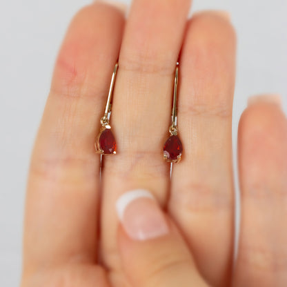 Dangle Drop Garnet Earring 14K Solid Gold, January Birthstone