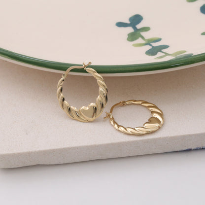 Twisted Hoop Earrings with Heart Design 14K Solid Gold