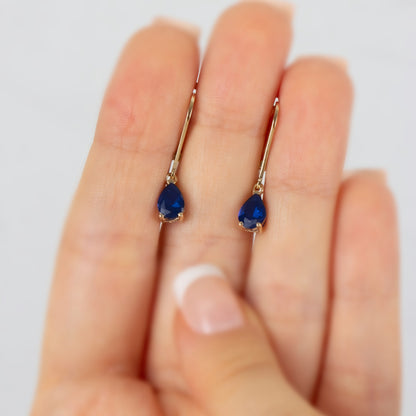 Dangle Drop Sapphire Earring 14K Solid Gold, September Birthstone