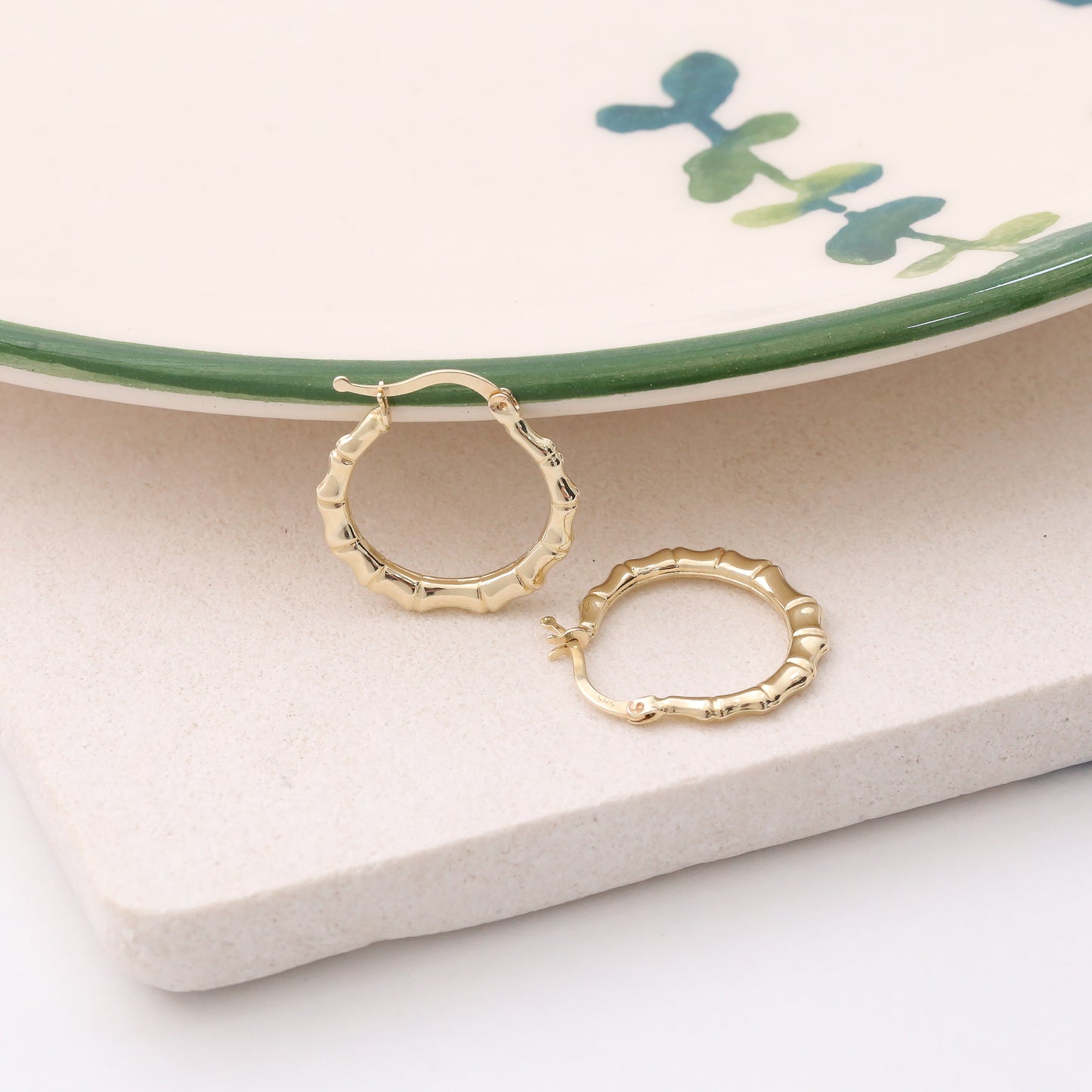 Bamboo Style Hoop Earrings 14K Solid Gold