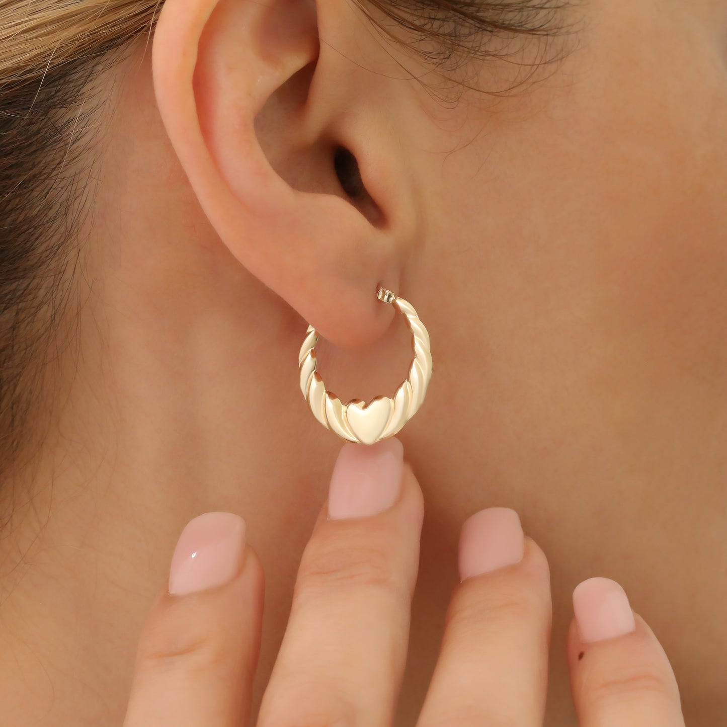 Twisted Hoop Earrings with Heart Design 14K Solid Gold