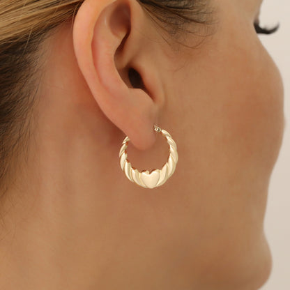 Twisted Hoop Earrings with Heart Design 14K Solid Gold