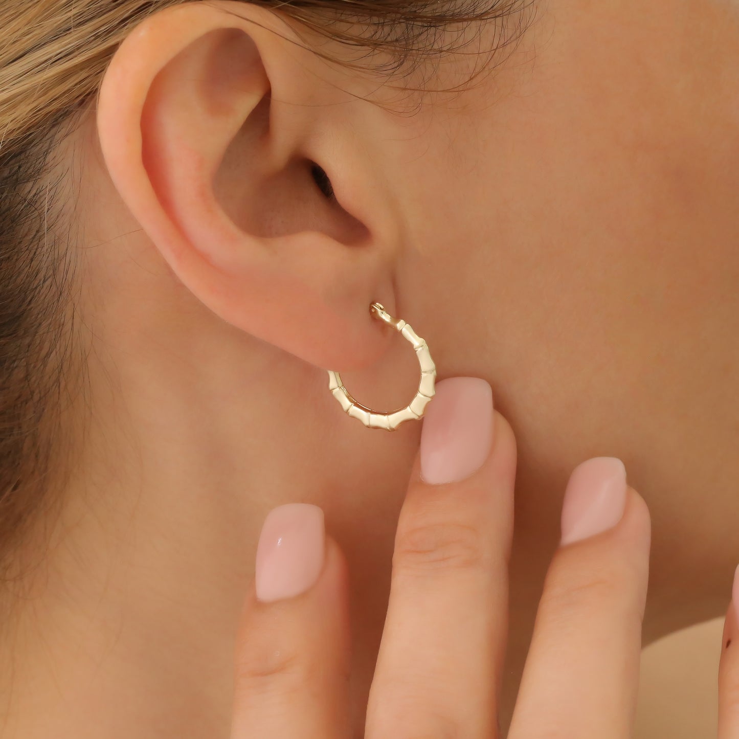 Bamboo Style Hoop Earrings 14K Solid Gold