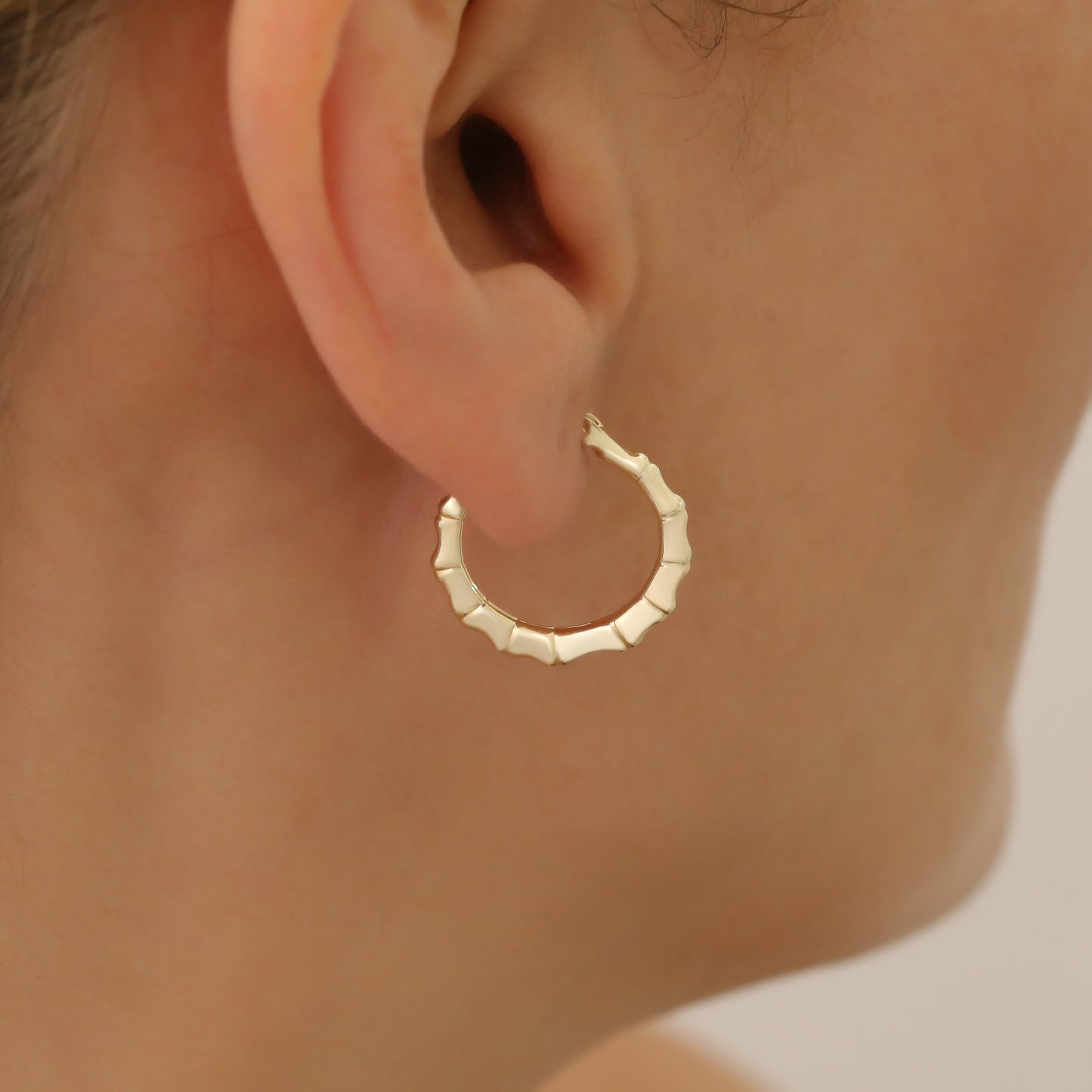 Bamboo Style Hoop Earrings 14K Solid Gold